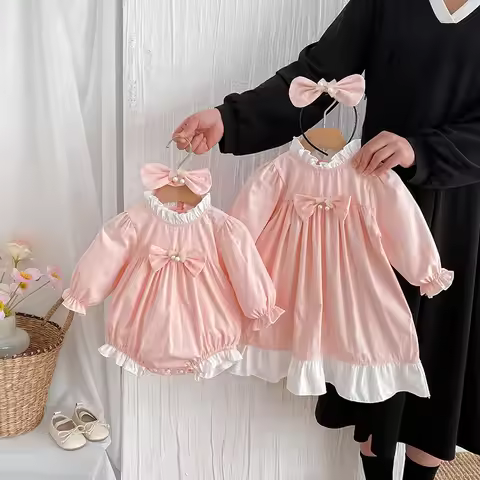 2025 Autumn Baby Girls Sister Matching Set Pink Romper Dress Toddler Princess Lace Outfit Twin Sibli