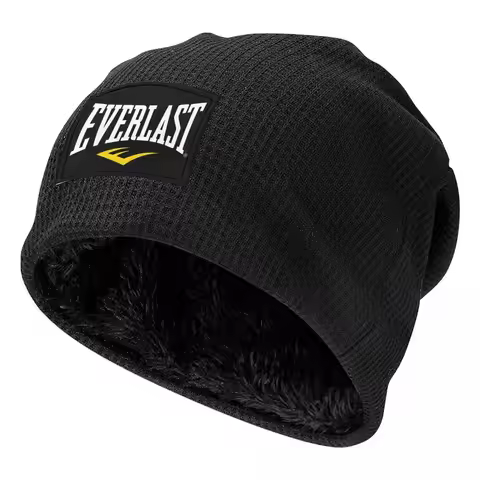 EVERLAST Boxing Logo Graphic Waffle Knit Fleece Lined Beanie with PU Leather Patch Unisex Warm Winte