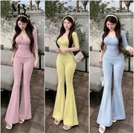 Mai Bui Store - S437 - Half Sleeve Turtleneck Shirt and Flared Pants Set (Pants Length 105cm)