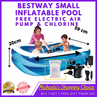 Michaela Sc BESTWAY SMALL INFLATABLE SWIMMING  POOL WITH FREE ELECTRIC AIR PUMP &amp; 250G CHLORINE GRANULES. 79''X 59''X 20'' POOL SIZE GREAT FOR OUTDOOR ACTIVITIES FOR KIDS AND FAMILY HIGH QUALITY INFLATABLE SWIMMING POOL  HIGH QUALITY  POOL WITH FREEBIES