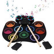 Electric Drum Set Portable Drum Pad Kit 9 Pads Built-in Speaker LED Display Screen Monitoring with Colored Lights 2 Drum Stick 2 Foot Pedals USB or Battery Powered Holiday Birthday