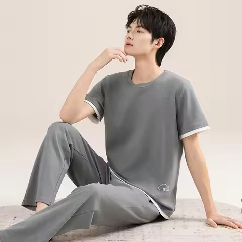 Short sleeves Sleeping Top & Long Pant Nightwear for Men Summer Cotton Homewear O Neck Sleepwear Ele