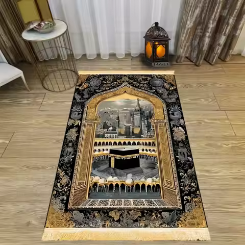 VIKAMA Islamic Prayer Rug Blue Gold Arch Design, Luxury Washable Foldable Travel Mat for Salah, Wors