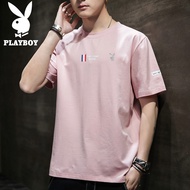 PLAYBOY เสื้อยืดแขนสั้นเสื้อยืดผู้ชายเสื้อแฟชั่นแบบบางสำหรับฤดูร้อนเสื้อยืดคอกลมทรงหลวมแขนสั้นเสื้อผ