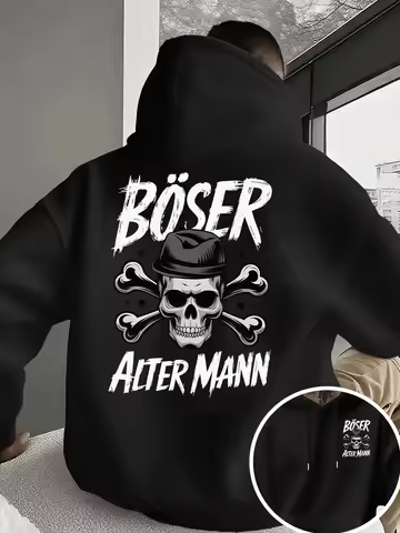 Men's Oversized Hoodie Böser Alter Mann Skull Crossbones Hat Print Vintage German Style Pullover Top