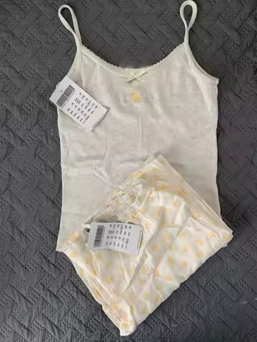 Little Duck Print Vest Pant Pajama Set Women Eyelet Slim Tank Tops+ Casual Straight Trousers Cute Sw