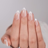 French Tip Press On Nails - BTArtbox White Almond Medium Reusable Stick On Nails in 15 Sizes - 30 So