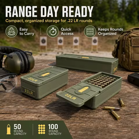 22 LR ammo drawer box, holds 50/100 rounds; made of durable plastic, portable and spill-proof.
