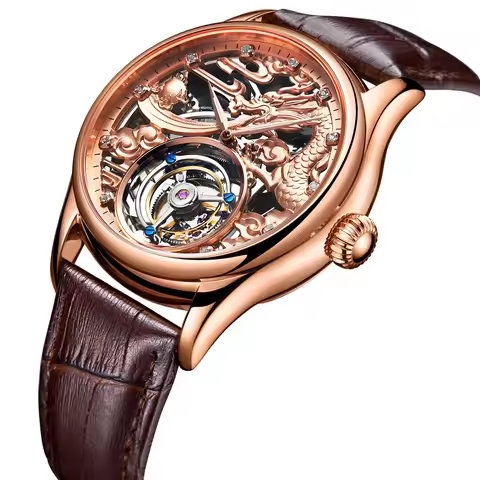 AESOP Skeleton Mechanical Hand-Wind Men's Wrist Watch Real Tourbillon Waterproof Leather Luminous Or