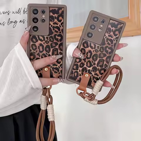 Leopard Print Lanyard Phone Case For Samsung Galaxy S24 S23 S22 S21 FE Ultra Plus A06 A05 A15 A25 A3