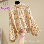 AngelCity※Women’s O-Neck Floral Printing Puff Sleeve Blouse Korean Fashion OL Elegant Casual Chiffon