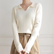 Casual POLO Collar Knitwear Sweater Women Autumn Short Version Long Sleeve Inner White Bottoming Top
