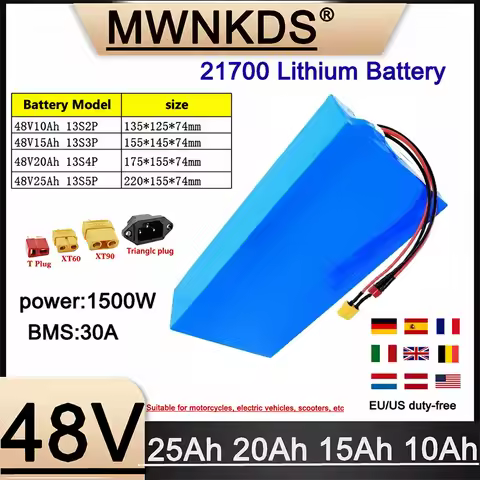 48V 10Ah 15Ah 20Ah 25Ah 21700 Lithium Battery Pack 1500W with BMS Suitable for Electric Tools and Sc