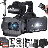 eDealz 4K 64MP Video Camera Camcorder Vlogging Camera for YouTube 60FPS 18X Zoom Video Camera, WiFi, Webcam, External Mic, 2 64GB SD Cards, 50" Tripod, Case, Card Reader, Dual Charger, Remote Control