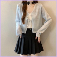YUJINI Knitted Cardigan, Hollow Out Long Sleeve Sun-Proof Tops,  Casual Thin V-Neck Short Sleeve Sha