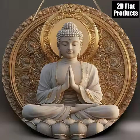 2D Flat, One 2D Flat Round Wooden Sign with Zen Buddha Theme, Featuring Golden Halo and for Lotus Ba