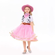 Girls Western Cowgirl Costume Set Pink Hat Skirt Cowprint Top Dress Up Outfit