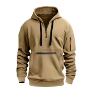 Fall Winter Men Hoodie Zipper Decor Hooded Long Sleeves Loose Pure Color Multi Pockets Drawstring El