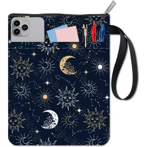 1 pc Sun Moon Star Book Sleeve with Zipper Galaxy Boho Book Protector Pouch for Paperback Black Spac
