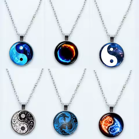 Yin Yang Tai Chi Necklace for Women Jewelry Moon Dragon Cabochon Glass Pendant Fashion Statement Cry