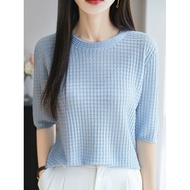 Round Neck Waffle Knitted Short-Sleeved T-Shirt Ladies Slim-Fit Half-Sleeved Simple Inner Bottoming 