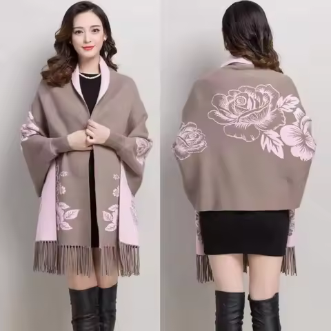Women Spring Autumn Cape Shawl New Female peony flower Shawl Middle-aged Mom Fashion knitting Cloak 