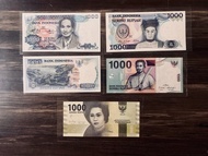 UANG KERTAS KUNO 1000 RUPIAH SET TAHUN 1980 1987 1992 2000 2016