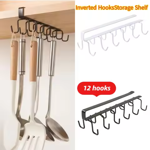 Cabinet Storage Rack Multifunctional Wardrobe Organizing Rack 6/12 Hooks Kitchen Cup Holder No Punch