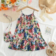 Bear Leader Summer Floral Print Dresses for Baby Girls Clothes New Flower Print Strap Dress with a B