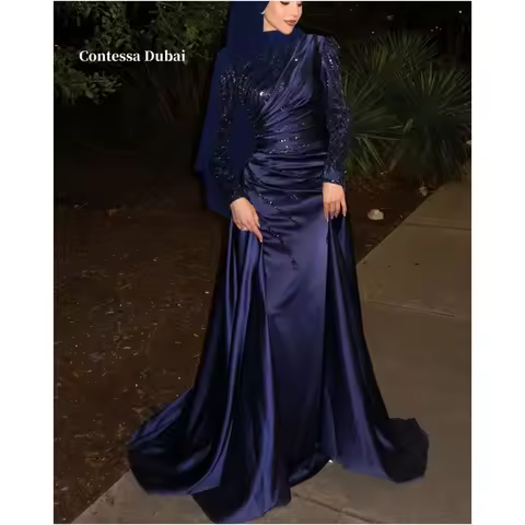 Contessa Dubai Atroceruleous Sequins Floral Prom Dresses A-line Customized فساتين سهرة Pleats Floor-