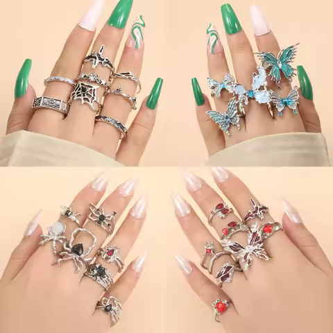 LATS 8pcs Irregular Red Crystal Heart Aesthetic Rings for Women Y2K Gothic Butterfly Spider Ring Cre