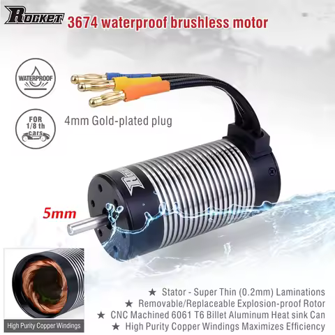 Rocket 3674 Waterproof Motor 1580KV 2250KV Brushless Sensorless Motor 5mm for 1/10 RC Car Traxxas WL