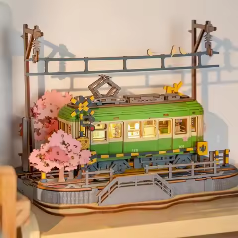 Robotime Sakura Journey Tram 3D Wooden Puzzles with LED Lights Home Decor Gift for Adults Women Girl