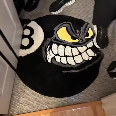 Angry 8 Ball Cartoon Rug Black Billiard 8 Ball Shaped Area Rug Non Slip Soft Floor Mat for Bedroom G