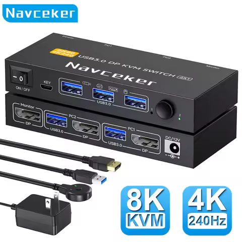 Navceker 4K 240Hz DisplayPort KVM Switch 2 Port 8K 60Hz DP Video USB Switcher for 2 Desktop PC Lapto