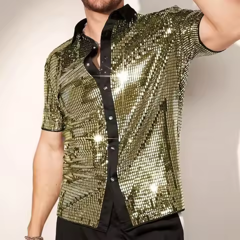 Men Shiny Sequins Shirt Clothing Short Sleeve Shirt 70s Disco Shirt Embellished Design Polyester Spa