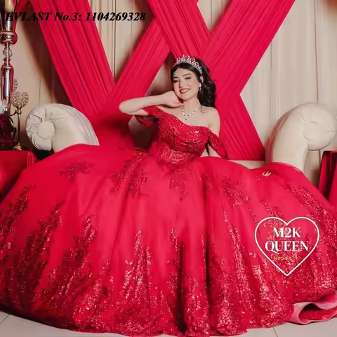 EVLAST Customized Princess Red Sequins Quinceanera Dress Ball Gown Applique Beading With Bow Sweet 1