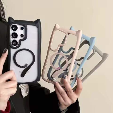 3D Cat Ear's Magnetic Clear Phone Case for Samsung Galaxy S26 Plus Ultra 5G Shockproof Transparent A