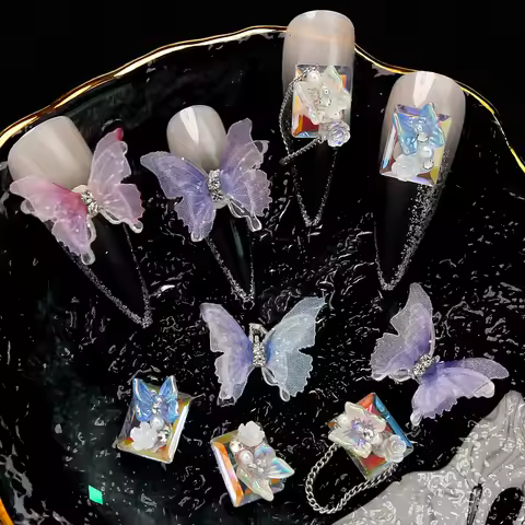 5PCS 3D Organza Butterfly Nail Art Rhinestone Charms Gauze Jewelry Accessories For Manicure Nails De