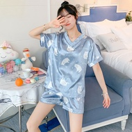 2022 Summer Silk Satin Short Sleeve Sexy V-neck Pajama Sets for Women Korean Shorts Sleepwear