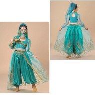 Kids Girls India Belly Dance Top Pants Costume Set Arabian Princess Halloween Costume Children Girls Aladdin Lamp Princess Jasmine Red Blue Stage Performance Clothes