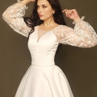 手工蕾絲婚紗，短款婚紗，茶長婚紗