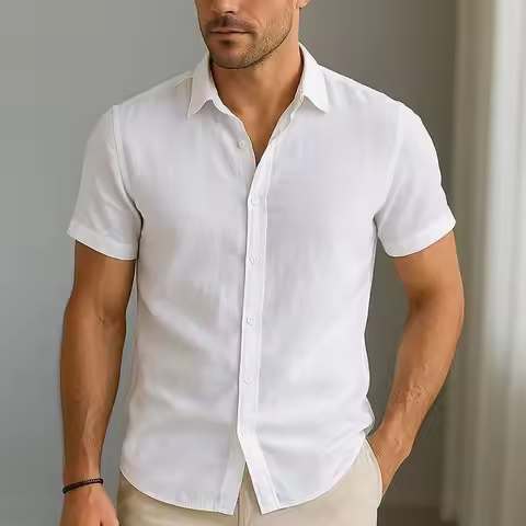 New Men's Short Sleeve Shirt Cotton and Linen Solid Color Flap-up Casual Beach Style Size Special Of