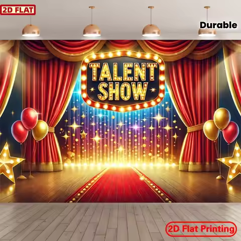 2D flat banner, used as the background for the talent showcase, featuring a bright red and gold glit