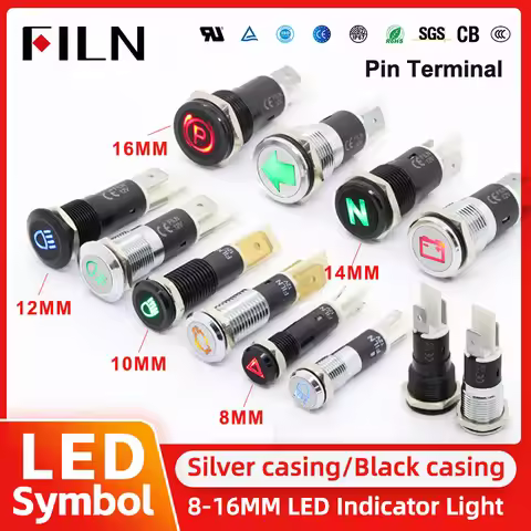 FILN 8/10/12/14/16mm Symbol LED Indicator Light 12V 24V Black Metal Indicator Dash Pilot Light Car D