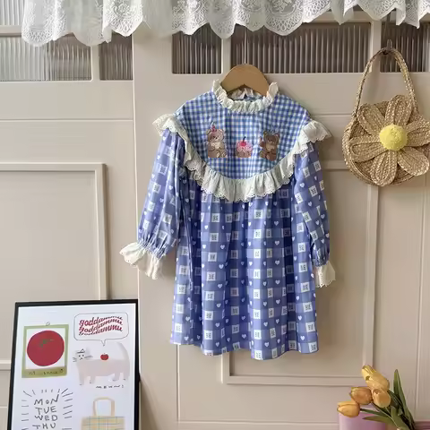 Girls Dress 2025 Autumn New Style Lace Cartoon Embroidered Lotus Leaf Edge Checkered Skirt Long Slee