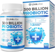 Linkvibe Probiotic 300 Billion CFU - 12 Strains Probiotics with Organic Prebiotics for Digestive &amp; Gut, Immune, Bloating Health - Probiotics for Women and Men - Daily Probiotics Supplement - 60 Counts 60 Count (Pack of 1)