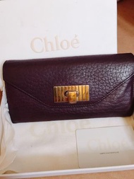 100%Real Chloe sally dark purple leather gold lock long wallet card holder clutch pouch passport lane crawford joyce hermes kelly lindy 名牌真皮深紫色金扣長銀包 卡包 手袋