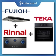 FUJIOH FR-MS1990R 90CM SLIMLINE HOOD + RINNAI RB-3CGN 3 BURNER INNER FLAME HOB + TEKA HSB 610 BLACK 70L OVEN