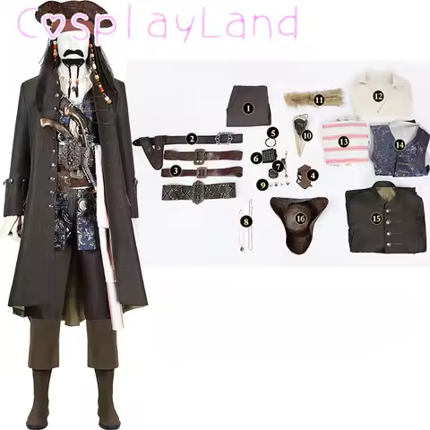 Movie Pirates Jack Sparrow Cosplay Costume Captain Jack Jacket Coat Hat Wigs Outfit Full Set Hallowe